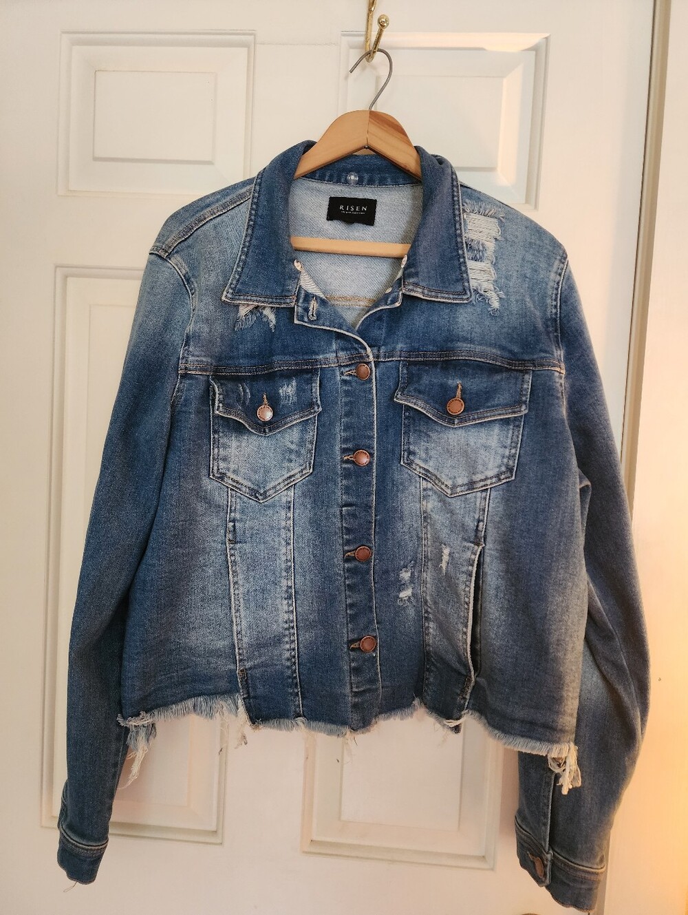 Risen Raw Hem Denim Jean Jacket Size 2xl Classic Medium Wash